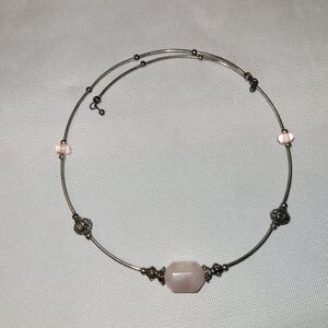 Vintage Memory Wire Pink Rose Quartz with Pink Beads and Ornate Metal Necklace